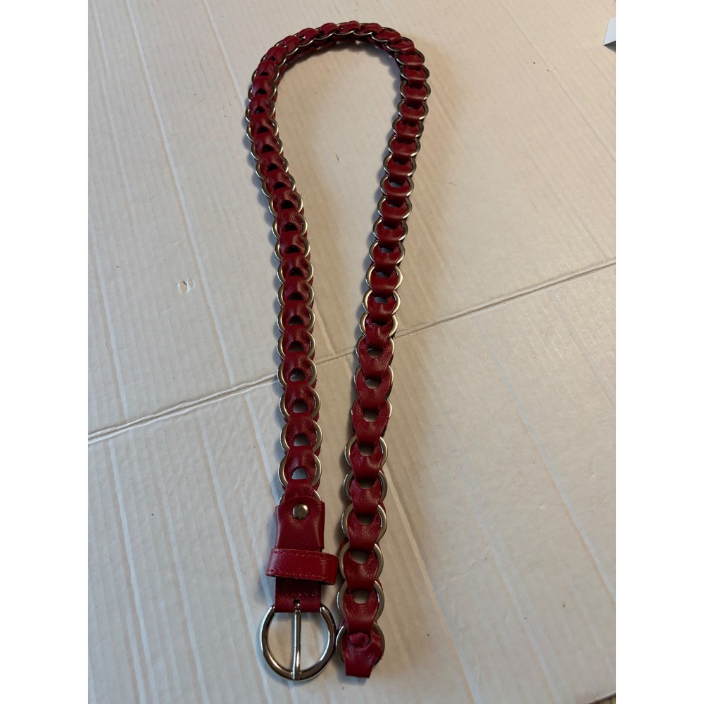 Alisa Holmberg Red Leather Chain Link Belt Silver Buckle Made in Italy 44 Inch